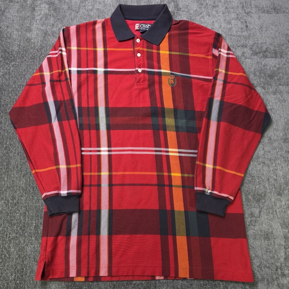 Vtg Chaps Ralph Lauren Polo Shirt Mens XL Red Plaid Long Sleeve Thick Crest Logo
